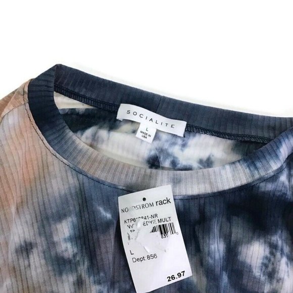 Socialite Navy Tie Dye Ribbed Long Sleeve Top Crew Neck Size Large L NEW - Picture 3 of 3